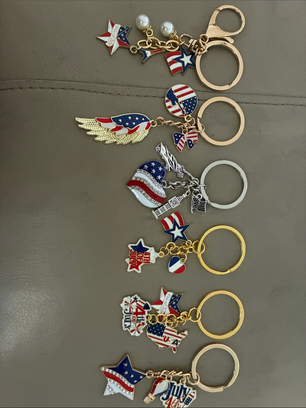 Patriotic USA Charm Keychains Set of 6- Red White Blue